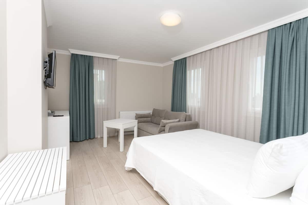 A hotel room with a bed, a sofa, a small table, and a TV.