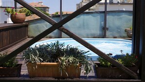 Una piscina en la azotea con plantas en macetas y una terraza de madera.