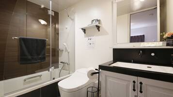 A modern bathroom with a glass shower enclosure, a toilet, a sink with a black countertop, and a mirror above the sink.