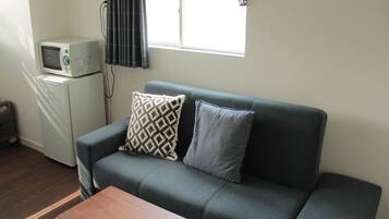 Ein Wohnzimmer mit einem dunkelgrauen Sofa, zwei gemusterten Kissen, einem Holztisch, einer weißen Mikrowelle und einem Fenster mit Vorhängen.