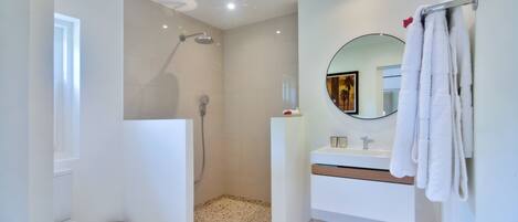 A modern bathroom with a shower, toilet, sink, and a mirror.
