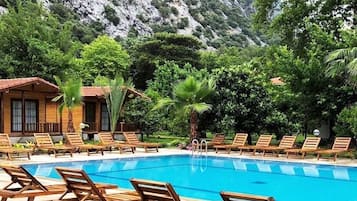Relax by the serene pool surrounded by lush greenery and majestic mountains.