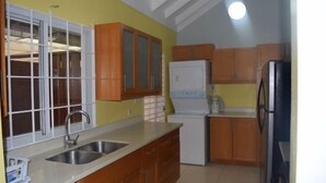 A kitchen with wooden cabinets, a double sink, and a refrigerator. - Richmond Estate (St. Ann's Bay)