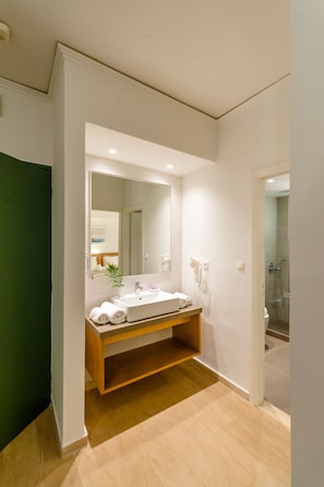 Superior Studio | Bathroom | Shower, hair dryer, towels, soap