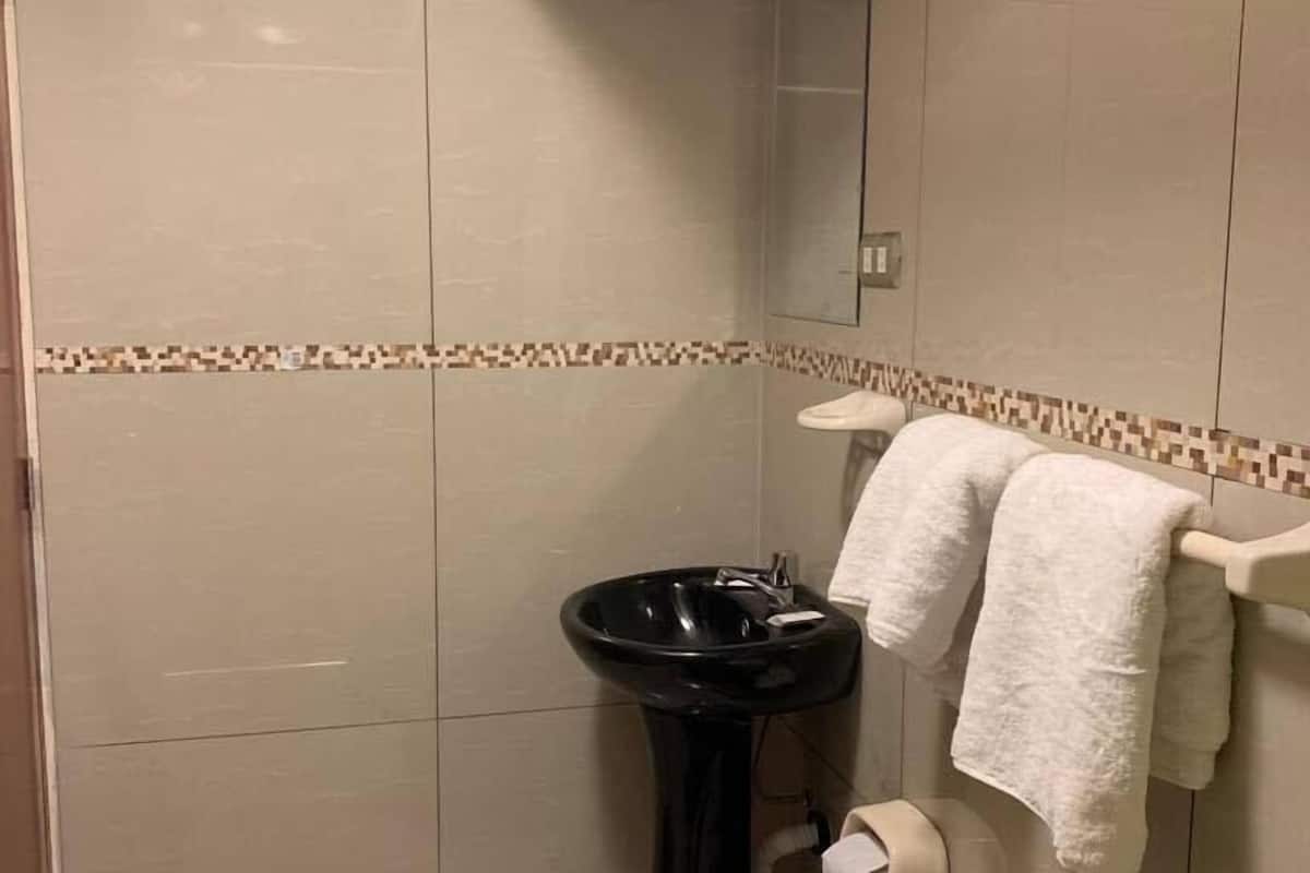 family room, 2 double beds, air conditioning, city view | bathroom | shower, towels