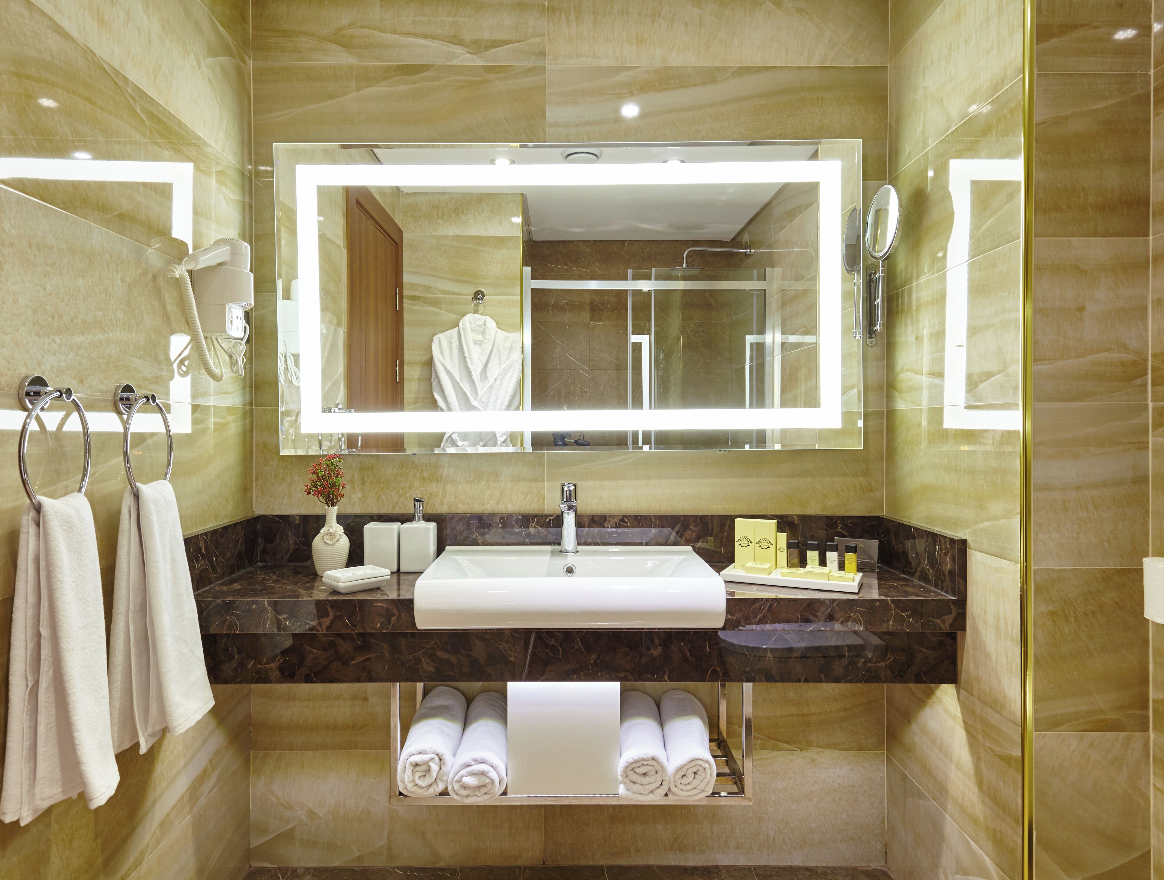 shower, free toiletries, hair dryer, bathrobes