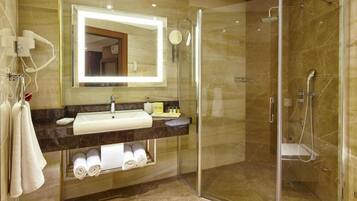 Shower, free toiletries, hair dryer, bathrobes