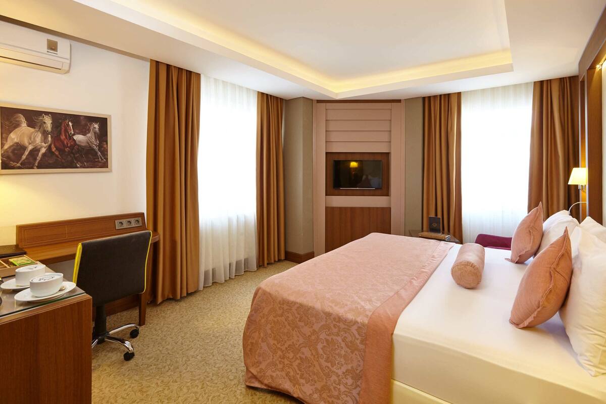 Une chambre d’hôtel avec un lit, un bureau et une chaise, une télévision et un tableau au mur.