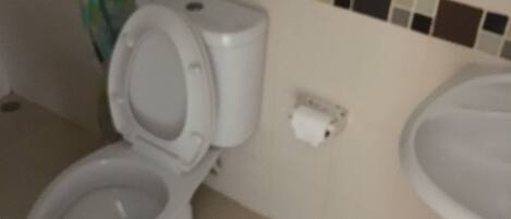 Un baño con inodoro, lavamanos y salpicadero de azulejos.