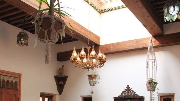 A room with a wooden ceiling, a cow, a mirror, and hanging plants. - Dar Naima - Hostel (Fes)
