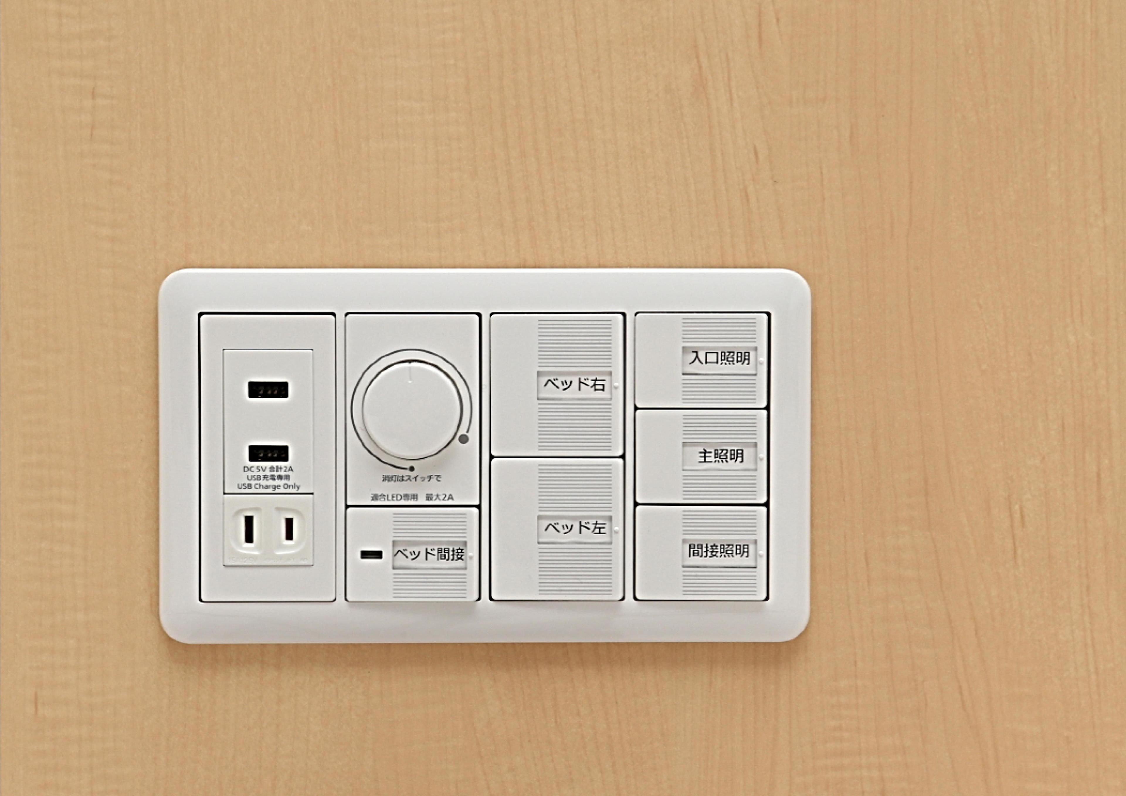A white electrical panel with USB ports, a power switch, and Japanese labels.