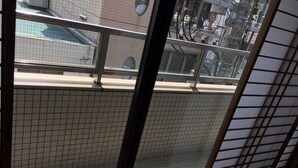 Vista a través de una ventana con un diseño de cuadrícula, una barandilla de metal y un edificio con fachada de azulejos al fondo.
