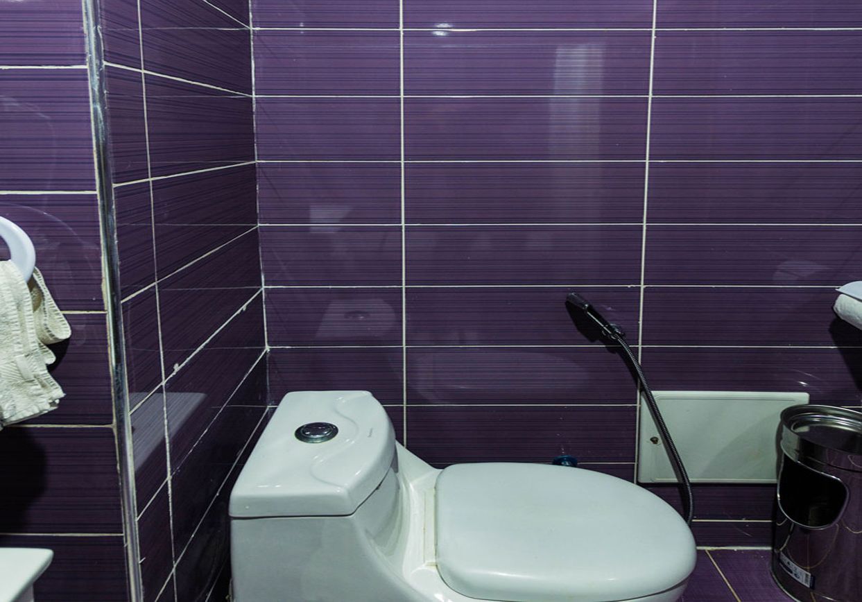 Une salle de bain avec des carreaux violets, des toilettes blanches, une douchette et une poubelle.