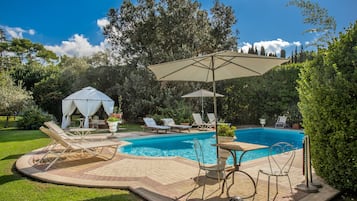 Seasonal outdoor pool, open 9:00 AM to 7:00 PM, pool loungers