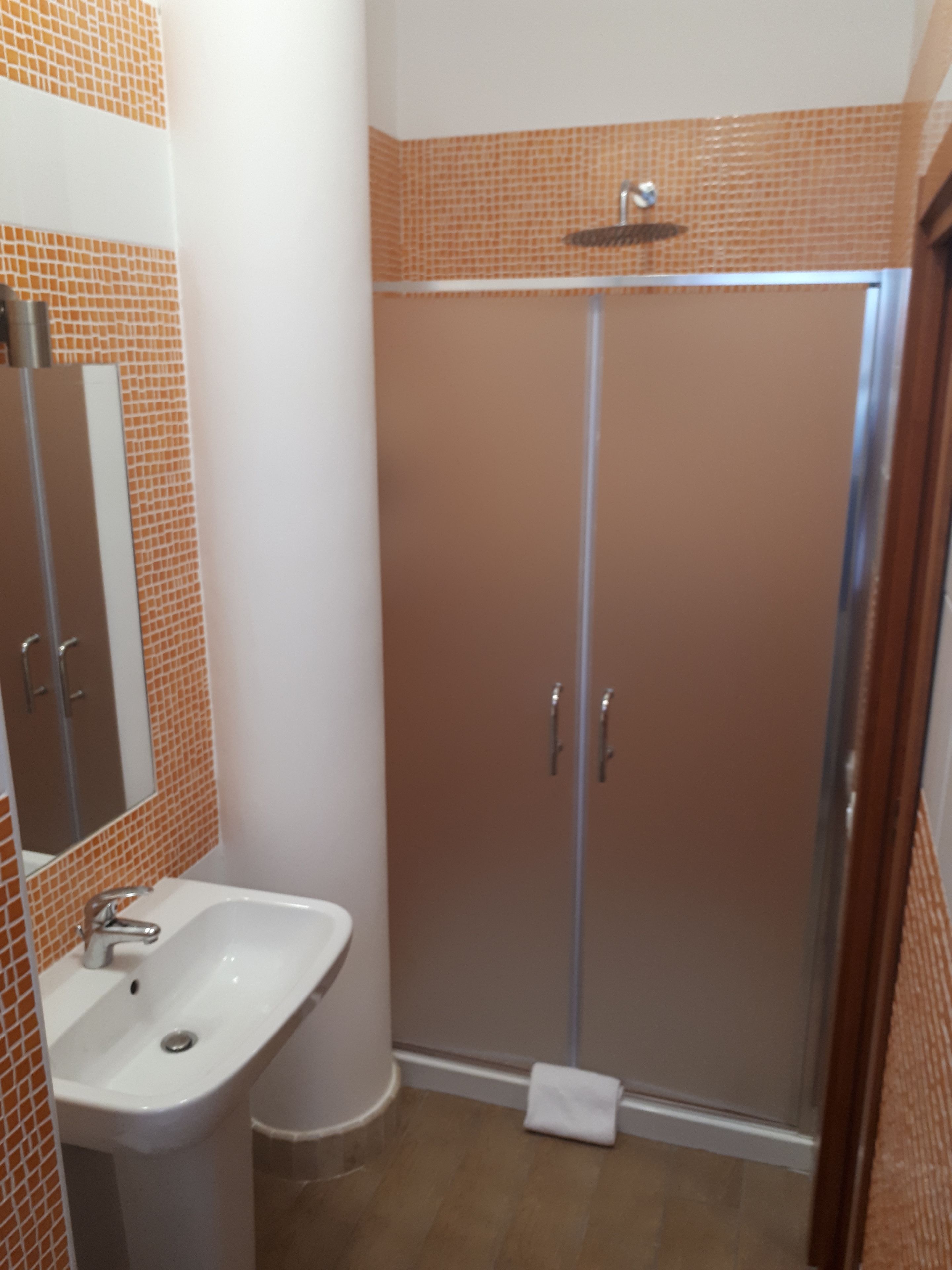 A bathroom with a shower, a sink, and a mirror.