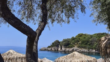 On the beach, sun-loungers, beach umbrellas, beach towels