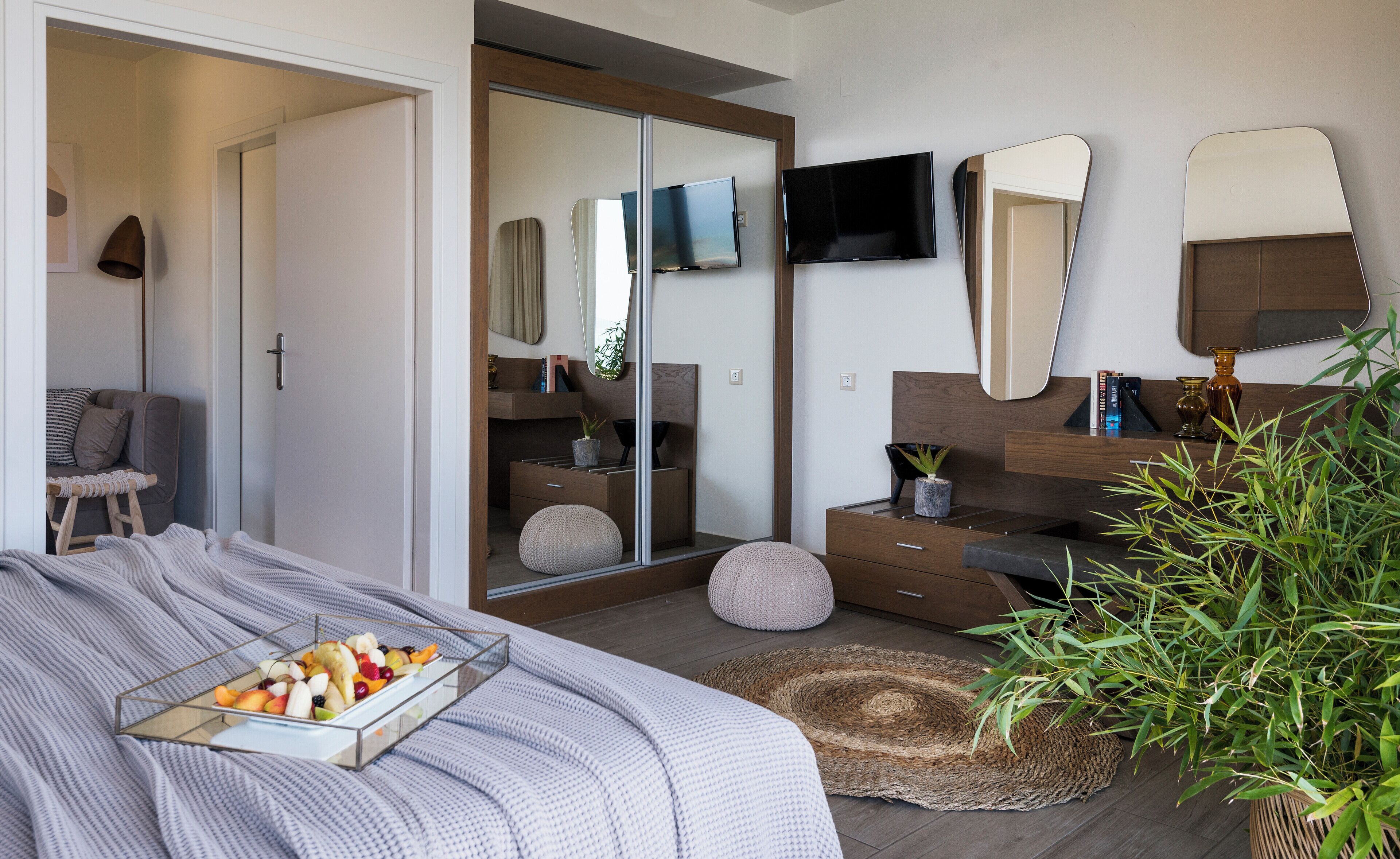 A modern bedroom with a bed, bedside table, mirror, TV, and a plant.