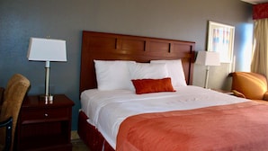 A hotel room with a large bed, two bedside tables with lamps, a chair, and a framed picture on the wall.