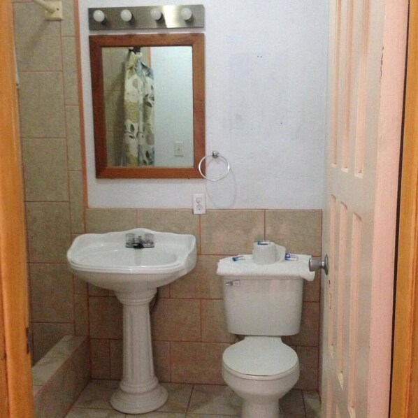 Un baño pequeño con lavamanos pedestal, inodoro y espejo con luces arriba.