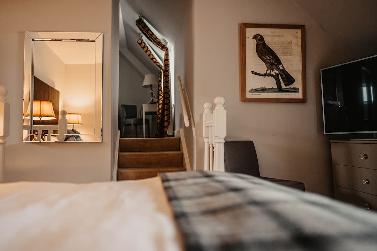 A hotel room with a bed, a mirror, a framed bird painting, a staircase, and a TV.