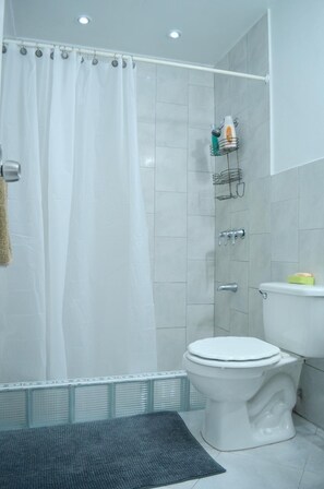 Dusche, kostenlose Toilettenartikel, Haartrockner, Handtücher