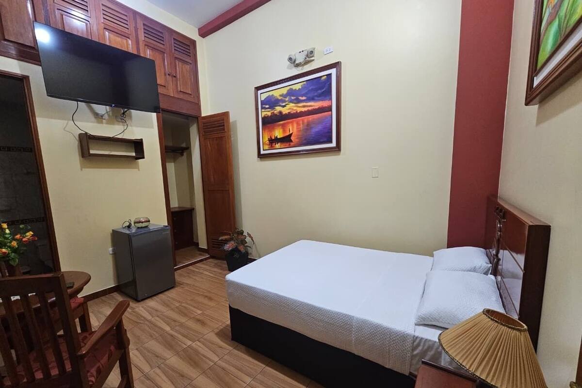 Un dormitorio con cama, televisor, escritorio pequeño, silla y un cuadro en la pared.