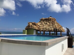A pool area with a thatched-roof structure, a clear blue sky, and a view of the ocean.