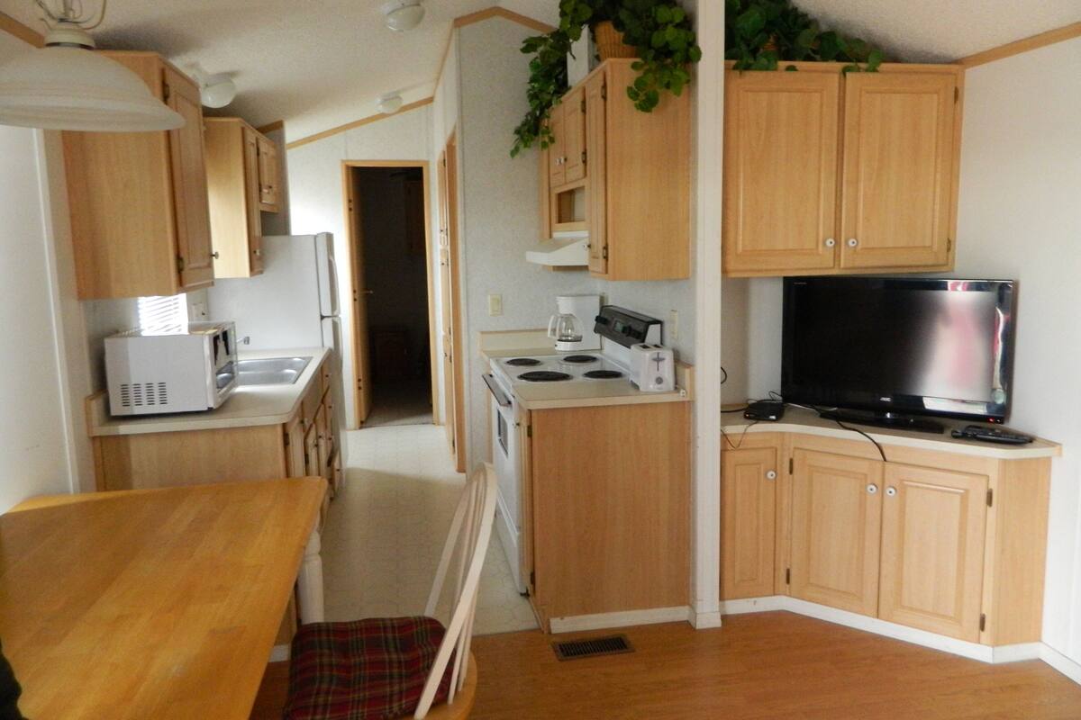 A compact kitchen with wooden cabinets, a microwave, a stove, and a television.