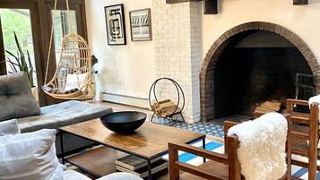 TV connectée, cheminée, livres, vidéothÚque