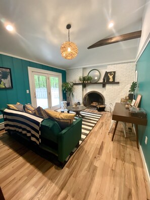 Smart TV, fireplace, books, video library