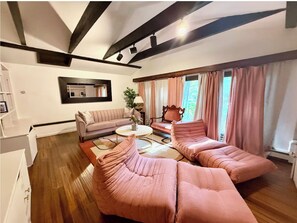 Smart TV, fireplace, books, video library