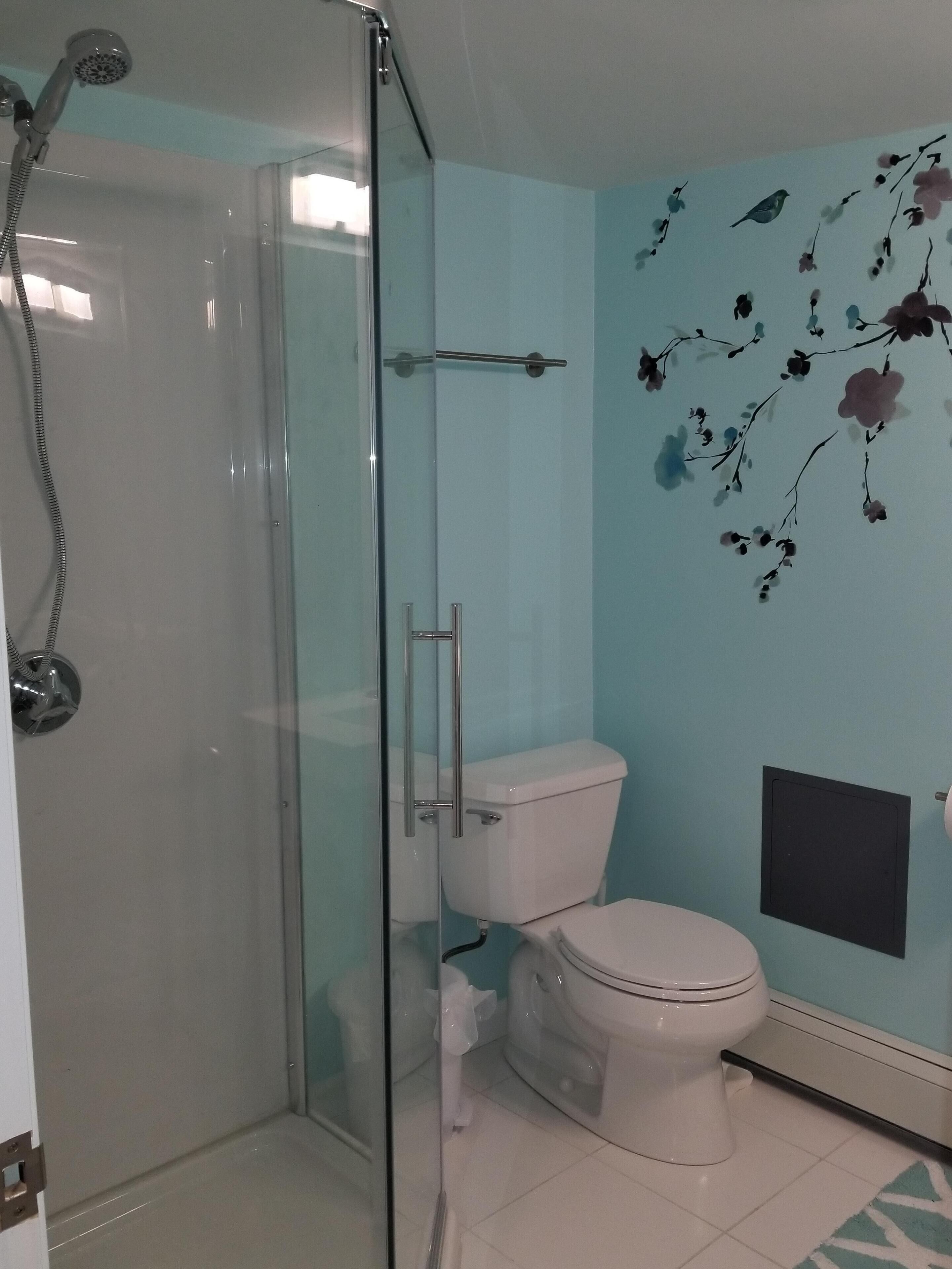 A bathroom with a glass-enclosed shower, a toilet, and a wall with floral decals.