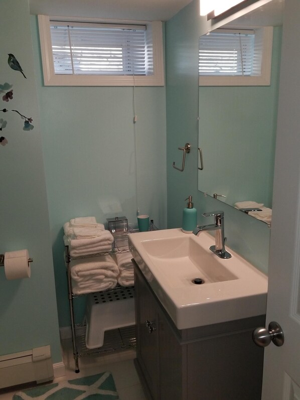 A bathroom with a sink, mirror, towel rack, and a window with blinds.