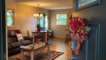 TV connectée, cheminée, lecteur de DVD, livres