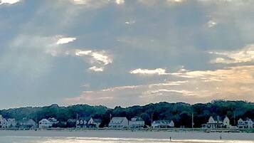 On the beach, sun loungers