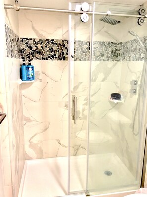 Combined shower/tub, hair dryer, soap