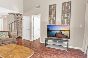 Televisión, chimenea y reproductor de DVD 