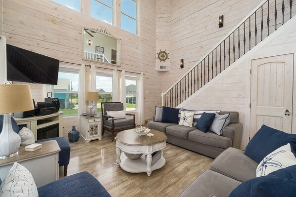 Smart TV, fireplace, video games, DVD player