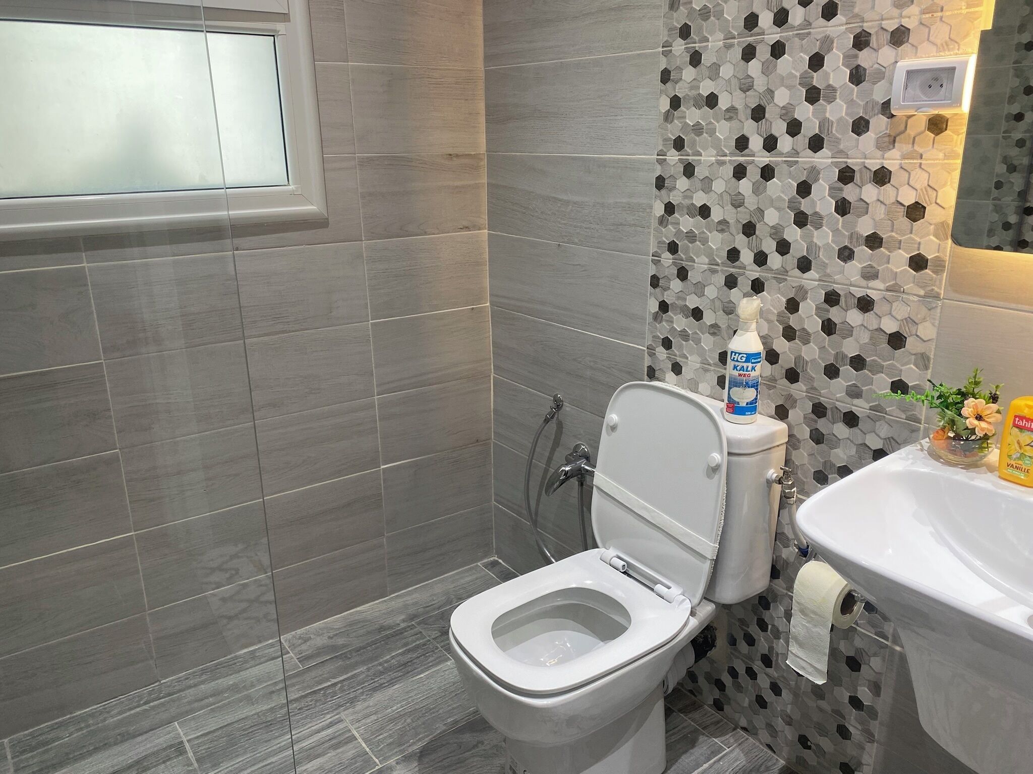 Un baño moderno con inodoro, lavamanos y ducha.