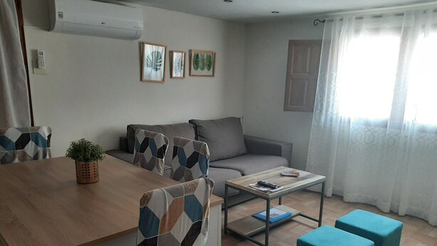 En moderne stue med sofa, sofabord og to skarmstole. Et lille bord med en plante og en fjernbetjening står i rummet.