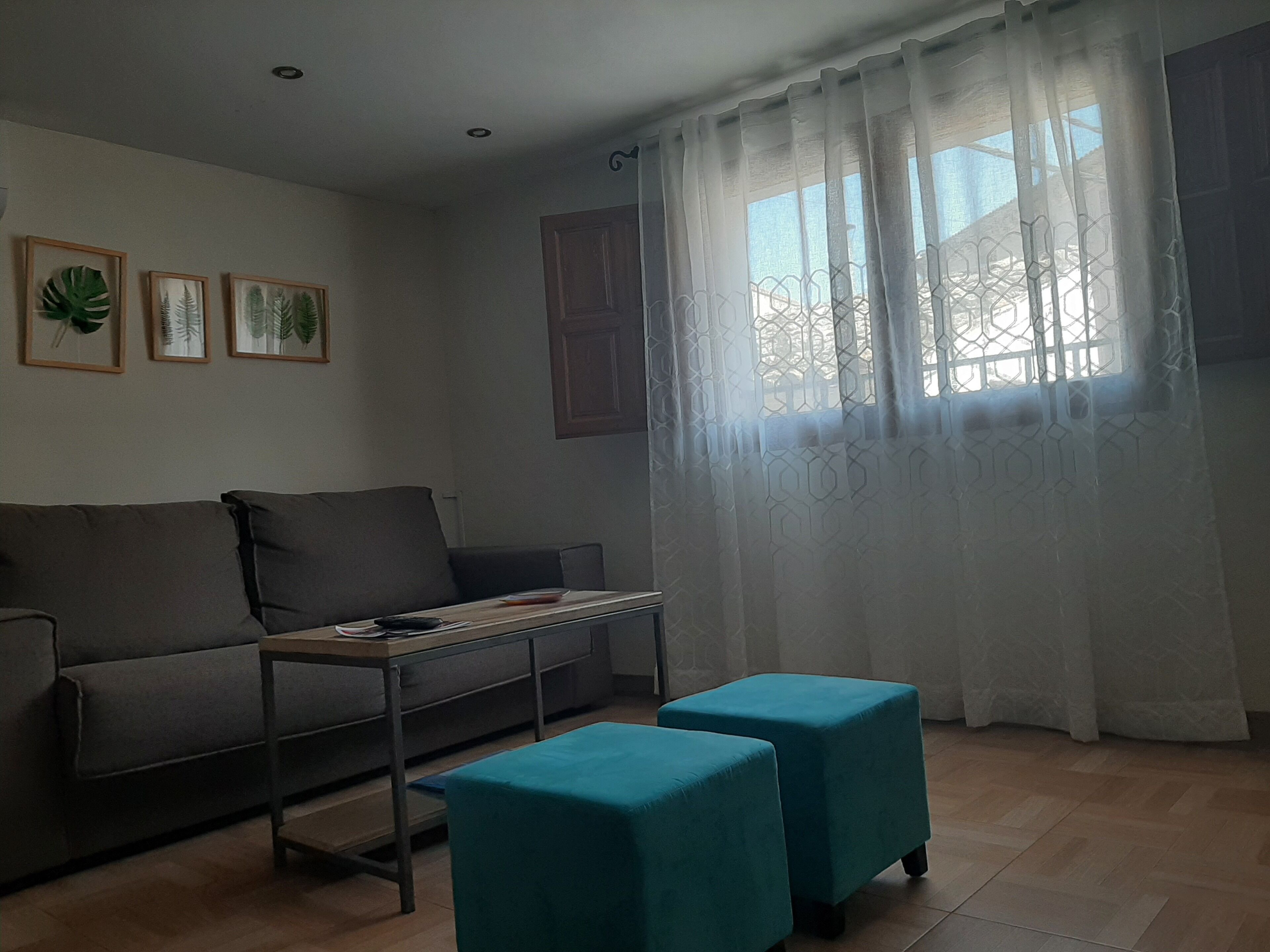 Télévision, cheminée, lecteur de DVD, livres