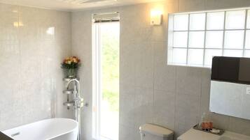 Separate tub and shower, free toiletries, towels, shampoo