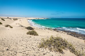 Una playa cerca, sillas reclinables de playa, toallas de playa