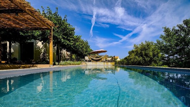 A clear swimming pool with a hammock and umbrella, surrounded by greenery and a clear sky.