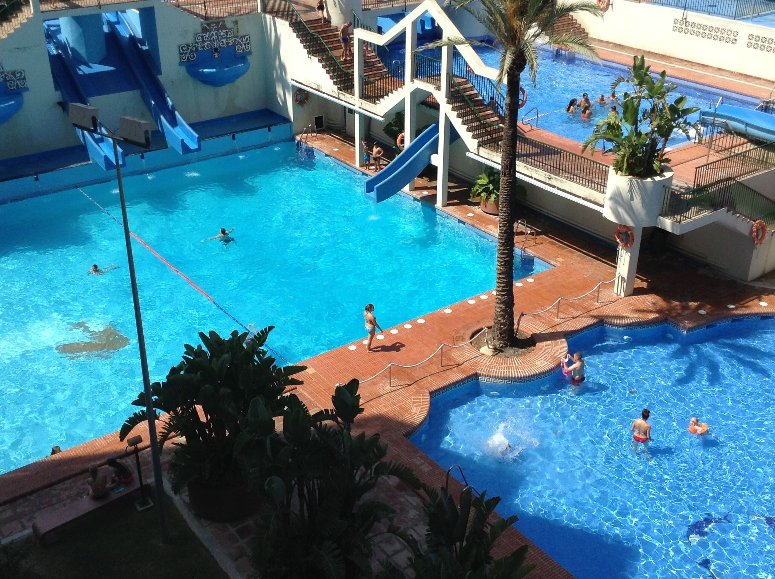 A large indoor swimming pool with multiple lanes and a slide, surrounded by palm trees and a tiled deck area.