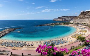 Enjoy a serene beach experience with a spacious promenade, beach umbrellas, and sun loungers.