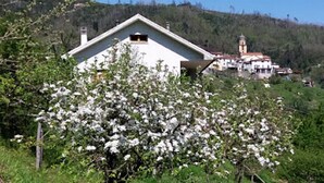 A white building with a triangular roof, surrounded by greenery and a hill in the background. - Sea 5 Terre,quiet,indipendent,lawn,bbq,FreeWiFi,children,pets (levanto)