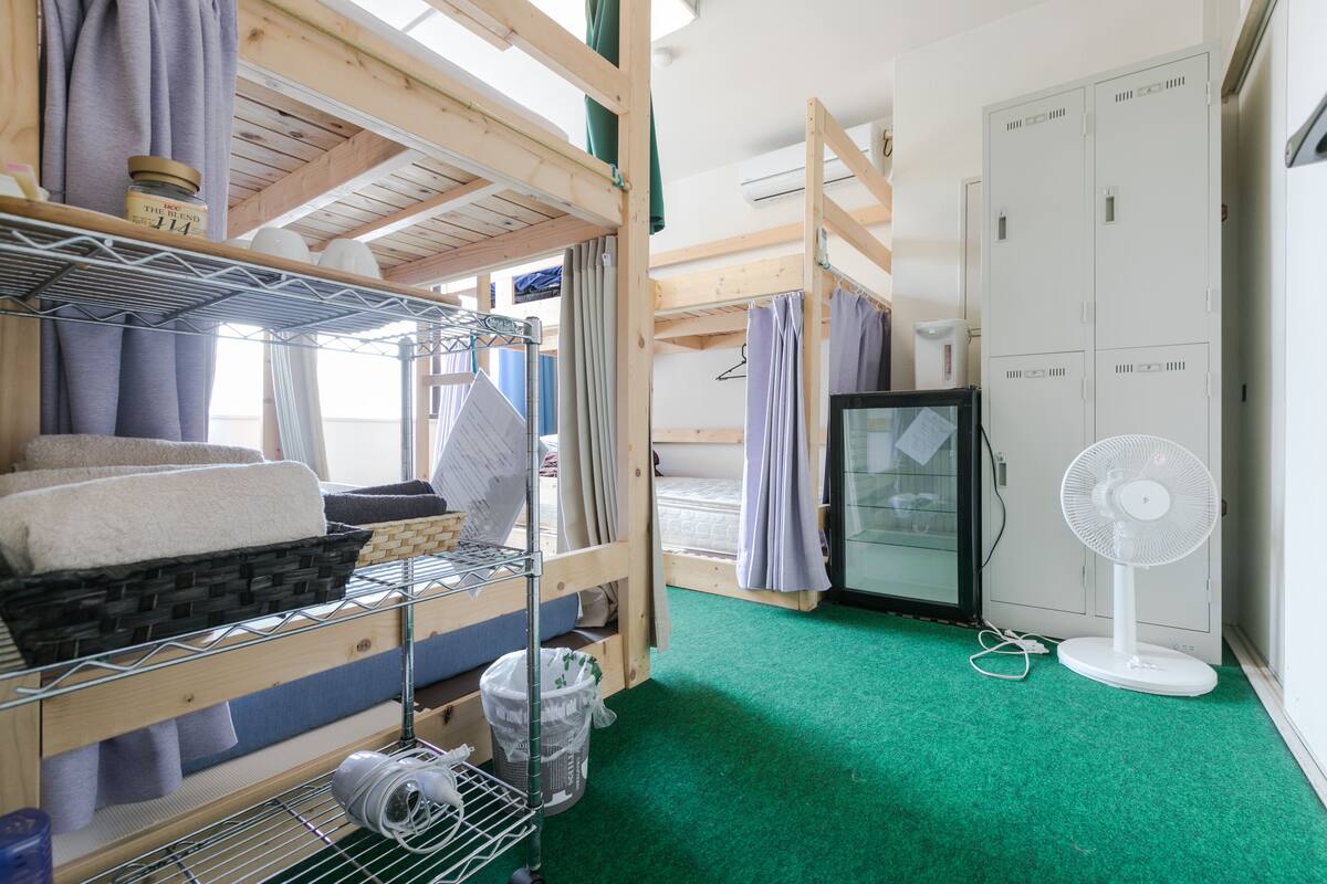 Une chambre avec un lit superposé, un tapis vert, un ventilateur blanc et un petit réfrigérateur.