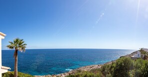 A coastal view with a clear sky, a palm tree, and a rocky shoreline. - In 1st sea line with great sea view, 4 minutes walk to the beach, air conditioning, heating (Cala Murada)