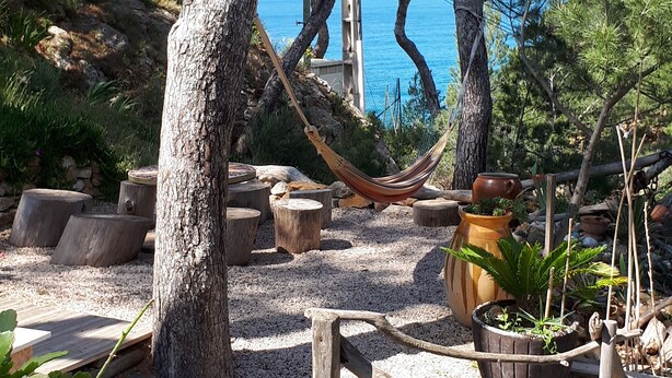 Un espace extérieur rustique agrémenté d’un hamac, de bancs en bois et de plantes en pot.